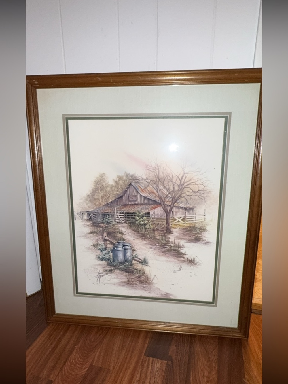 Vintage Framed Barn Landscape Print in Brown Frame 24”x28”